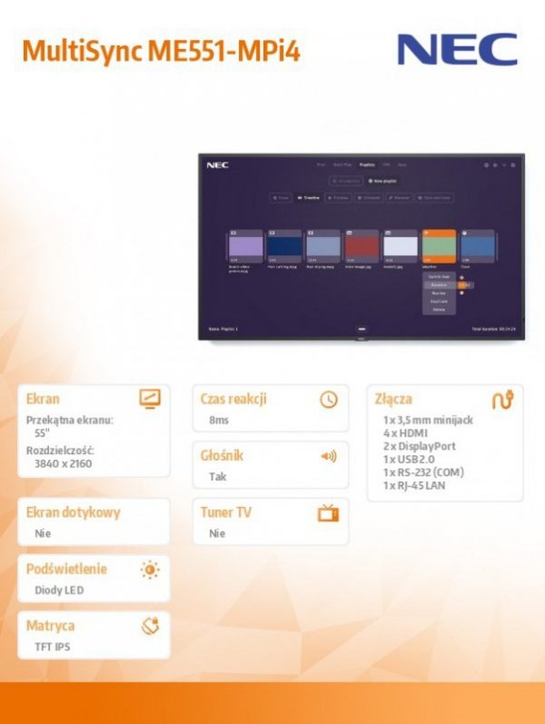 NEC Monitor wielkoformatowy 55 cali MultiSync ME551- Mpi4 UHD 400cd/m2