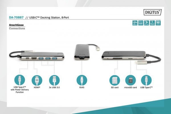 Digitus Stacja dokująca USB Typ C 8 portów 4K 30Hz PD 3.0 RJ45 SD microSD HQ Aluminiowa