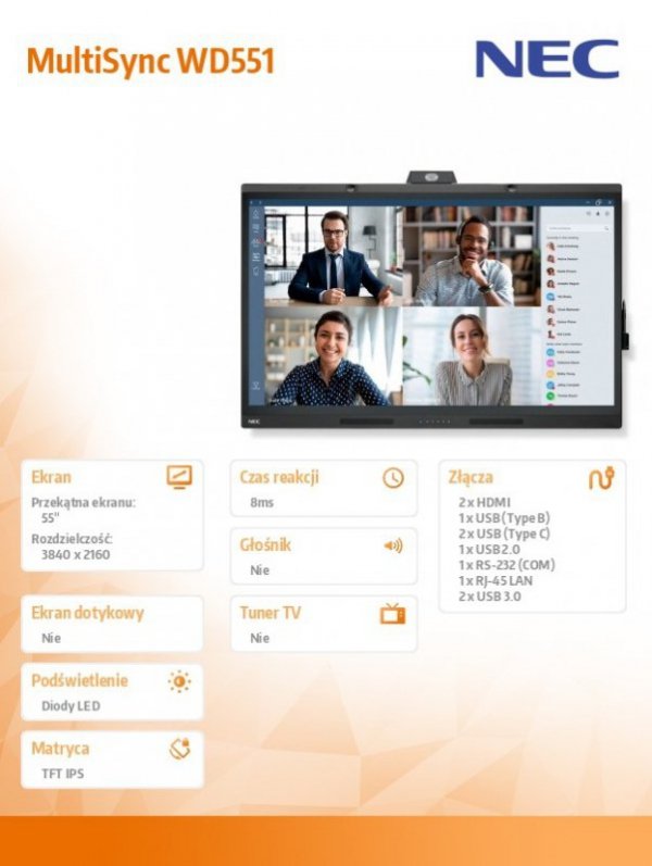NEC Monitor wielkoformatowy 55 cali MultiSync WD551 UHD 400cd/m2 USB-C