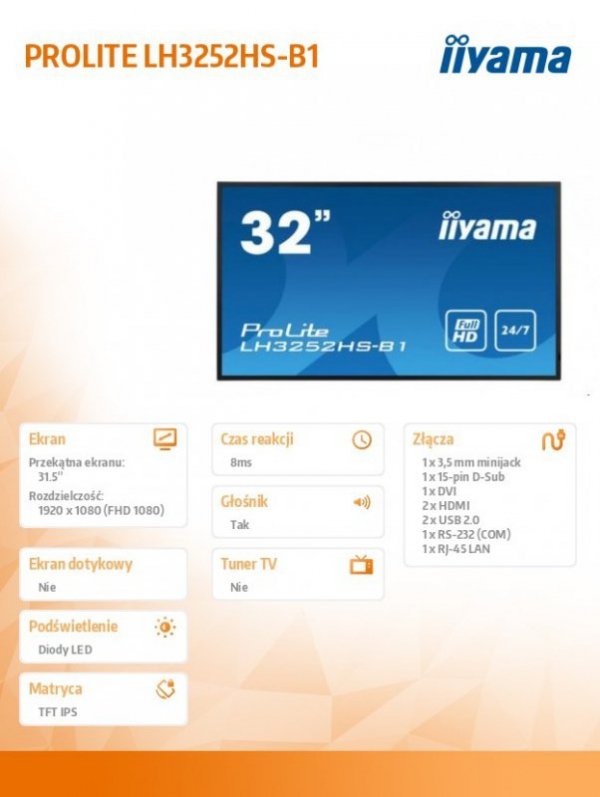 IIYAMA Monitor wielkoformatowy 31.5 cala LH3252HS-B1 24/7,IPS,ANDROID,400cd,FHD,PION,FailOver