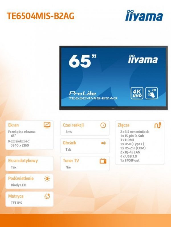 IIYAMA Monitor 65 cali TE6504MIS-B2AG PureTouch-IR,IPS,24/7,4K,USB-C,7H,S.PC