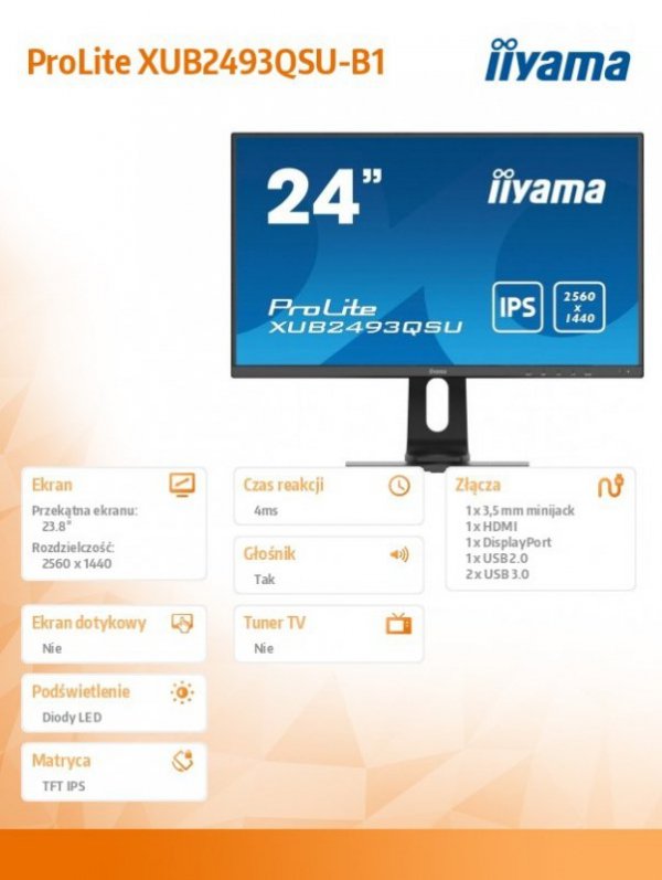 IIYAMA Monitor 23.8 cala XUB2493QSU-B1 IPS,QHD,HDMI,DP,USB3.0,2x2W,PIVOT