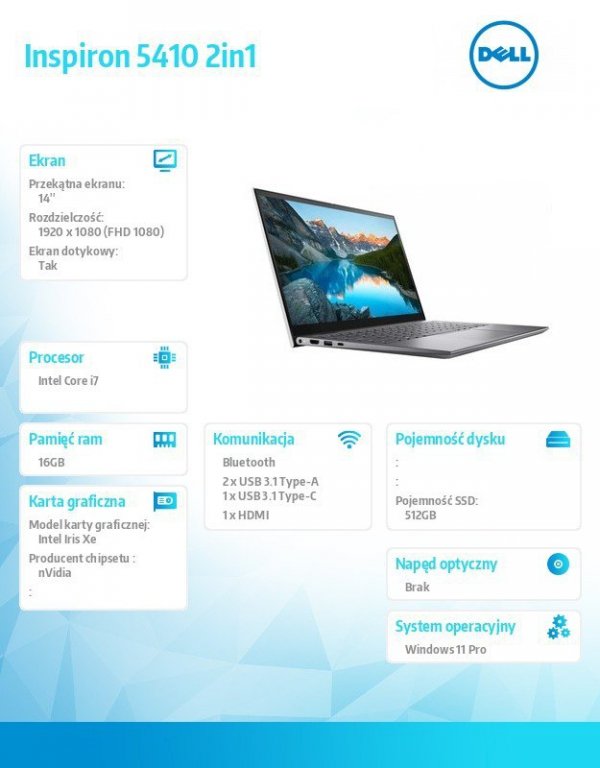 Dell Notebook Inspiron 5410 2in1 Win11Pro i5-1155G7/512GB/8GB/Intel Iris Xe/14&quot; FHD/KB-Backlit/41WHR/Silver/2Y BWOS