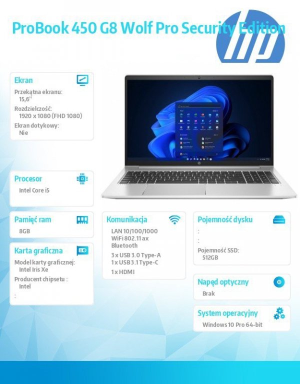 HP Inc. Notebook ProBook 450 G8 Wolf Pro Security Edition  i5-1135G7 512GB/8GB/W10P/15.6 4B2Y9EA
