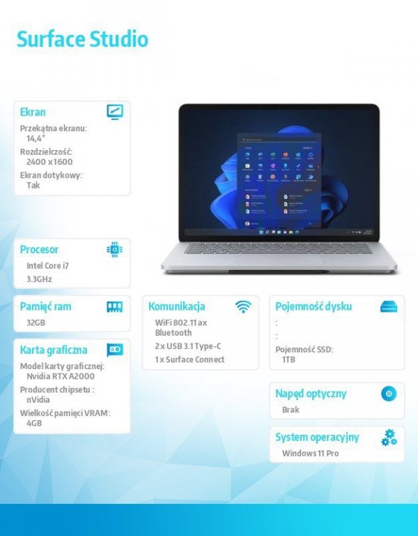 Microsoft Surface Laptop Studio Win11Pro i7-11370H/32GB/1TB/RTXA2000 4GB/14.4 cala Commercial Platinum AIC-00009