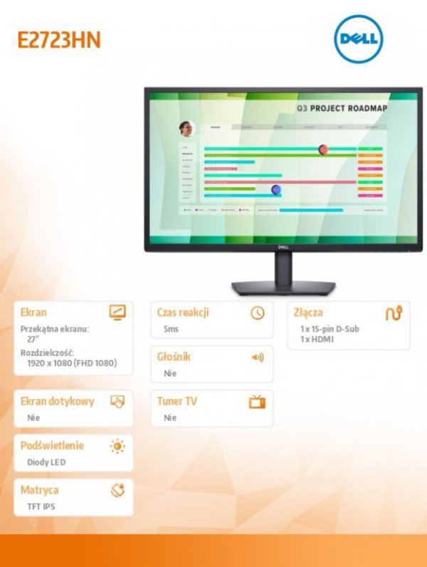 Dell Monitor E2723HN 27 cali IPS LED Full HD (1920x1080) /16:9/VGA/HDMI/3Y AES