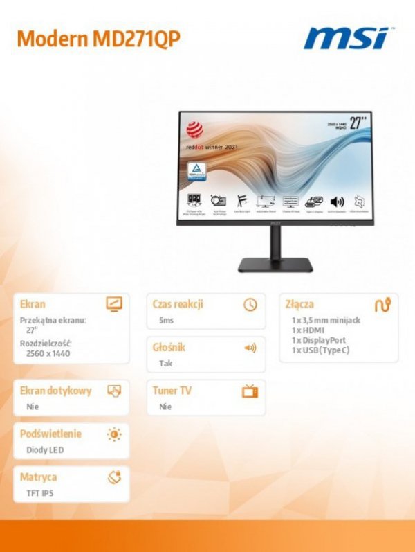 MSI Monitor 27 cali Modern MD271QP FLAT/LED/WQHD/NonTouch/75Hz/czarny