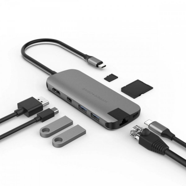 HyperDrive Stacja dokująca Hyper SLIM 8-in-1 USB-C HUB, Gigabit Ethernet, 4K HDMI, MicroSD,SD, 2x USB-A, 60W USB-C power deliver