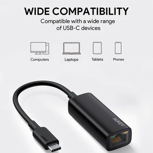AUKEY CB-A30 aluminiowa karta sieciowa USB-C Gigabit 10/100/1000 Mbps RJ45 | 1 Gb/s | USB 3.0 Typ C | diody LED