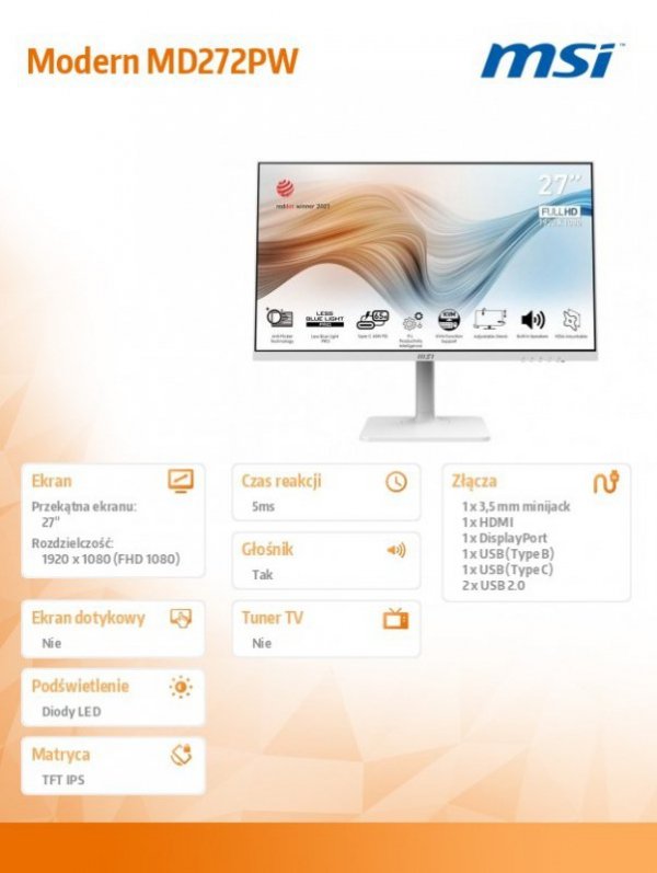MSI Monitor Modern MD272PW 27 cali IPS/FHD/5ms/75Hz/250nits