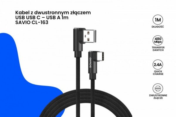Savio Kabel z dwustronnym złączem USB USB C - USB A 1m, CL-163