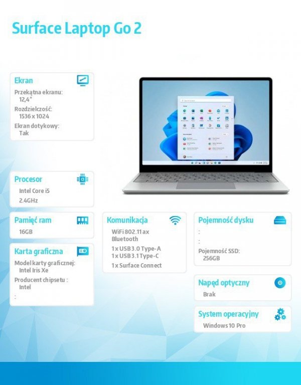 Microsoft Notebook Surface Laptop GO 2 Win10Pro i5-1135G7/16GB/256GB/INT/12.4&#039; Commercial Platinum KRB-00009