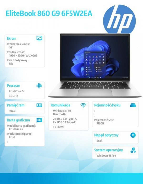 HP Inc. Notebook EliteBook 860 16 cali G9 Wolf Pro Security Edition i5-1235U 512/16G/W11/16 6F5W2EA