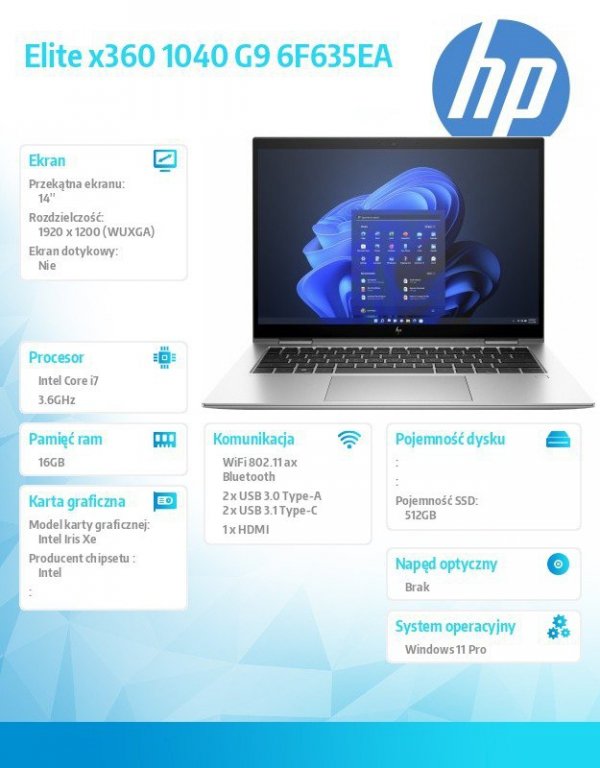 HP Inc. Notebook Elite x360 1040 14 cali G9 2-w-1 Wolf Pro SecurityEdition  W11P/14 i7-1265U/512/16  6F635EA