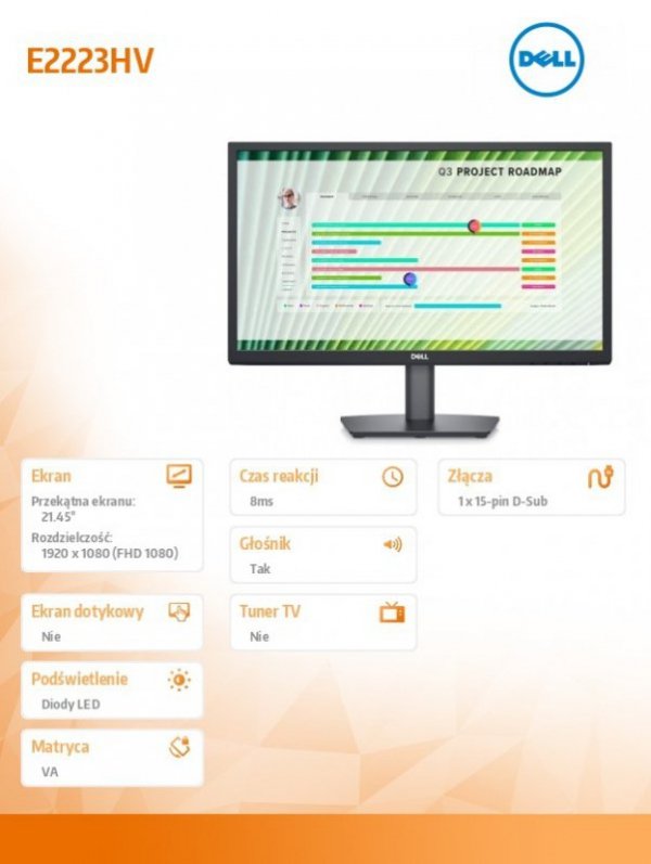 Dell Monitor E2223HV 21.45 cali LED VA Full HD (1920 x1080) /16:9/VGA/Speakers/3Y AES