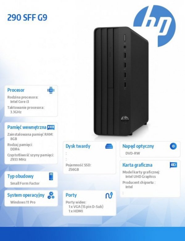 HP Inc. Komputer 290SFF G9 i3-12100 256GB/8GB/DVD/W11P 6D319EA