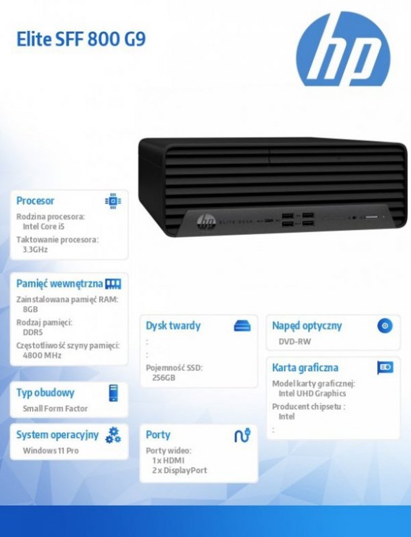 HP Inc. Komputer Elite 800 SFF G9 i5-12600 256GB/8GB/DVD/W11P  5V8T6EA