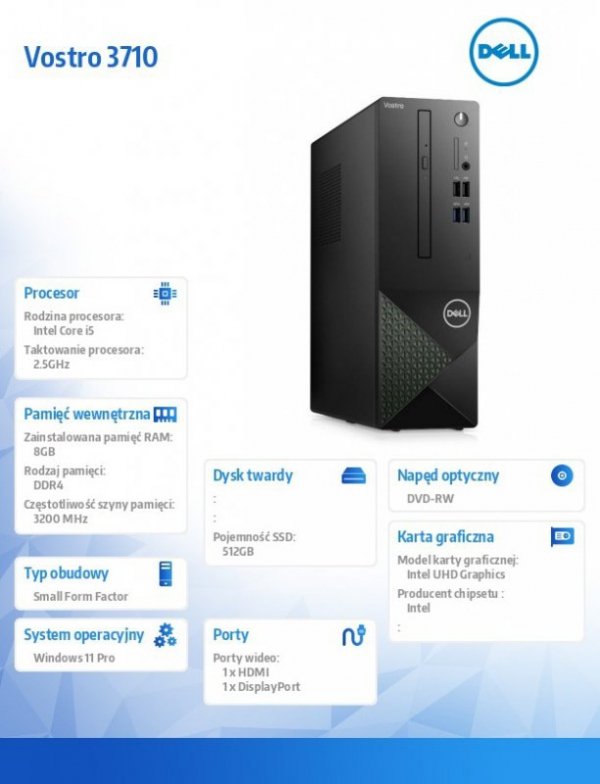 Dell Komputer Vostro 3710 SFF Win11Pro i5-12400/8GB/512GB SSD/Intel UHD 730/DVD RW/Kb/Mouse/3YPS