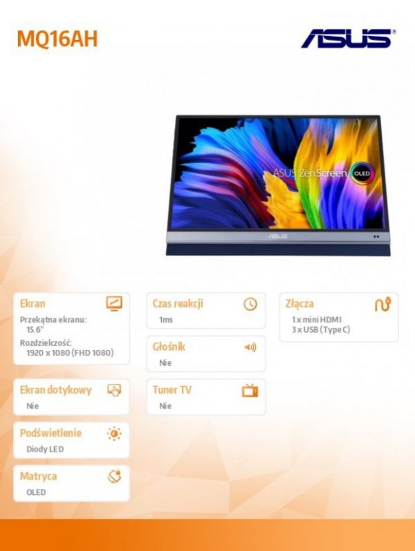 Asus Monitor 16 cali MQ16AH FHD OLED DCI-P3:100% 1MS 400CD/M2 mHDMI USB-C USB-C/DP