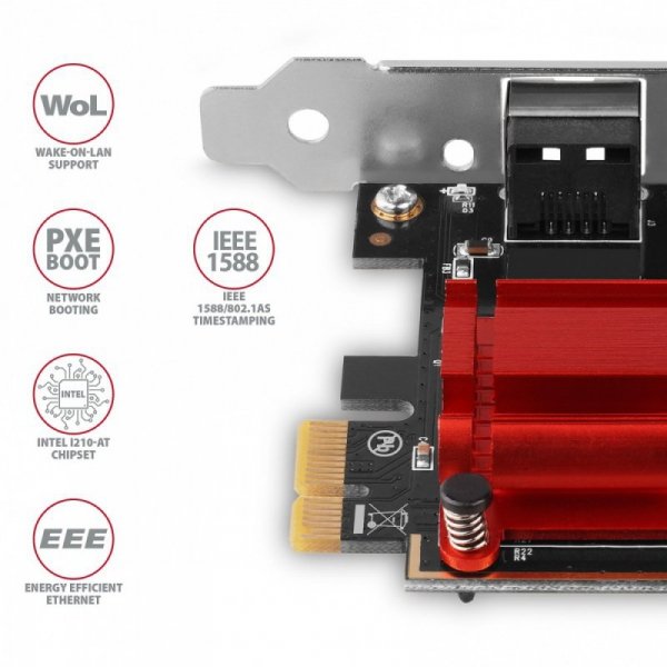 AXAGON PCEE-GIX Karta sieciowa PCIe 1x Gigabit Ethernet port (RJ-45), Intel i210AT, PXE, SP & LP