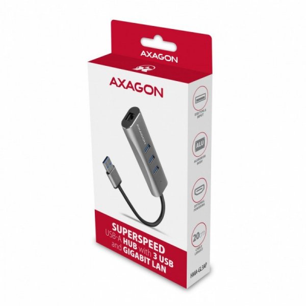 AXAGON HMA-GL3AP Wieloportowy hub metalowy 3x USB-A + GLAN, USB 3.2 Gen 1, 20cm USB-A kabel, microUSB dodatkowe zasilanie