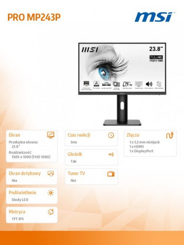 MSI Monitor PRO MP243P 23.8 cali FLAT/IPS/FHD/5ms/75Hz
