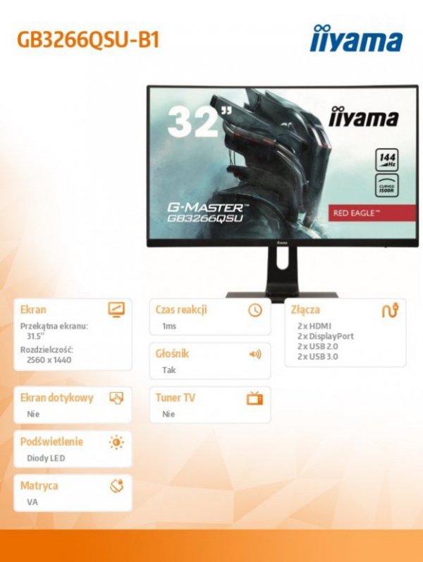 IIYAMA Monitor 31.5 cala GB3266QSU-B1 VA,QHD,144HZ,1MS,1500R,DPx,HDMIx2,USBx4 + Soundbar Stage AIR V2 Creative