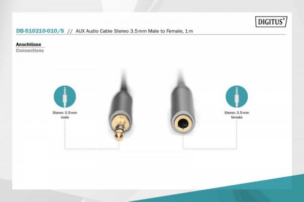 Digitus Kabel przedłużający audio MiniJack Stereo Typ 3.5mm/3.5mm M/Ż nylon 1m