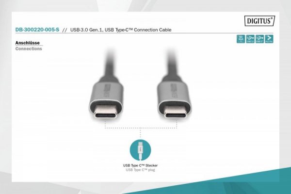 Digitus Kabel połączeniowy USB 3.0 60W/5Gbps Typ USB C/USB C M/M 0,5m Czarny