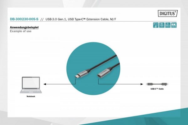 Digitus Kabel przedłużający USB 3.0 60W/5Gbps Typ USB C/USB C M/Ż 0,5m Czarny