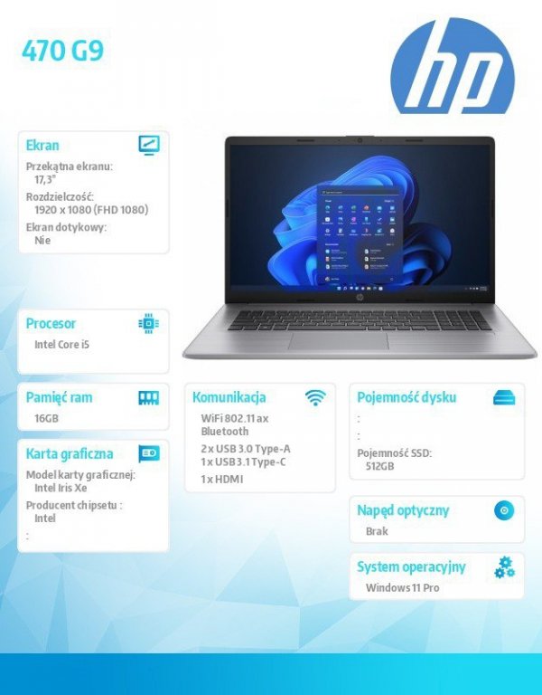 HP Inc. Notebook 470 G9 i5-1235U 512GB/16GB/W11P/17.3 724L0EA