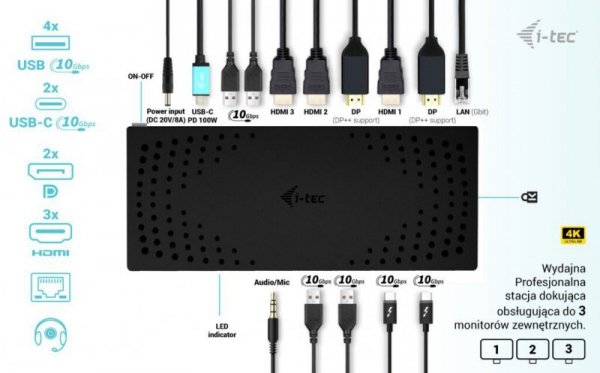 i-tec Stacja dokująca USB 3.0 / USB-C / Thunderbolt, 3 x 4K Gen 2 + zasilanie 100 W