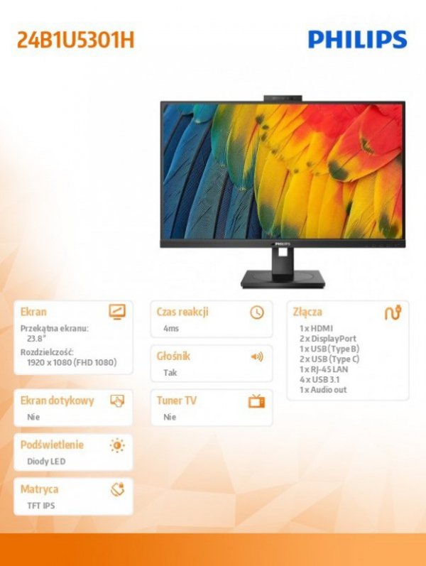 Philips Monitor 23,8 cali 24B1U5301H IPS HDMI DP USB-C Pivot Kamera Głośniki