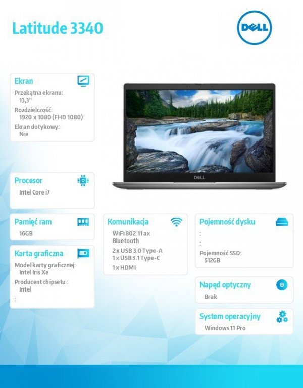 Dell Notebook Latitude 3340 Win11Pro i7-1355U/16GB/512GB SSD/13.3 FHD/Integrated/FgrPr/FHD Cam/Mic/WLAN + BT/Backlit Kb/3 Cell/3