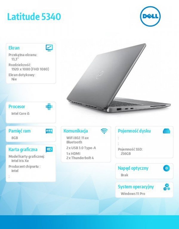 Dell Notebook Latitude 5340 Win11Pro i5-1335U/8GB/256GB SSD/13.3 FHD/Integrated/FgrPr & SmtCd/FHD/IR Cam/Mic/WLAN + BT/Backlit K
