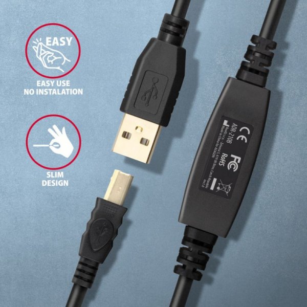 AXAGON ADR-210B USB 2.0 A-M -&gt; B-M Aktywny kabel połączeniowy/wzmacniacz 10m