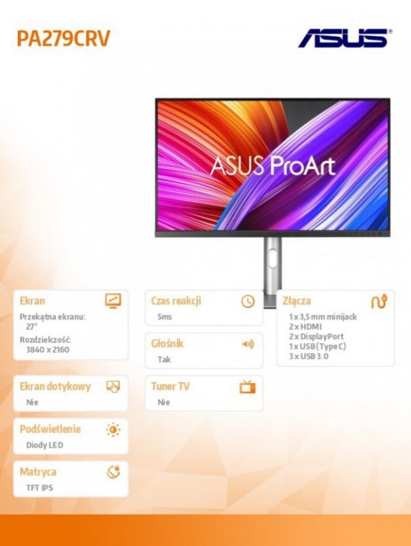 Asus Monitor 27 cali PA279CRV AS BK/5MS/EU/DP+HDMI+TYPEC+USB+głośniki