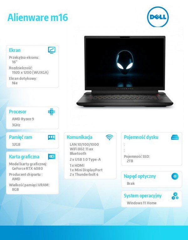 Dell Notebook Alienware m16 Win11Home Ryzen 9 7845HX/SSD 2TB/32GB/16.0 FHD+/RTX 4080/Kb_Backlit/2Y Premium Support