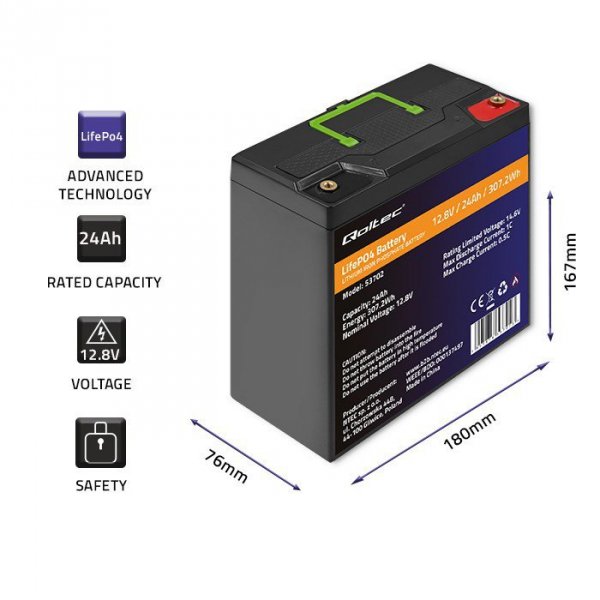 Qoltec Akumulator LiFePO4 Litowo-Żelazowo-Fosforanowy | 12.8V | 24Ah |  307.2Wh | BMS