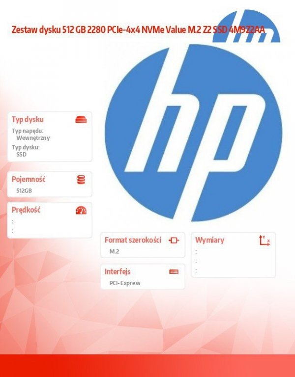 HP Inc. Zestaw dysku 512 GB 2280 PCIe-4x4 NVMe Value M.2 Z2 SSD 4M9Z2AA