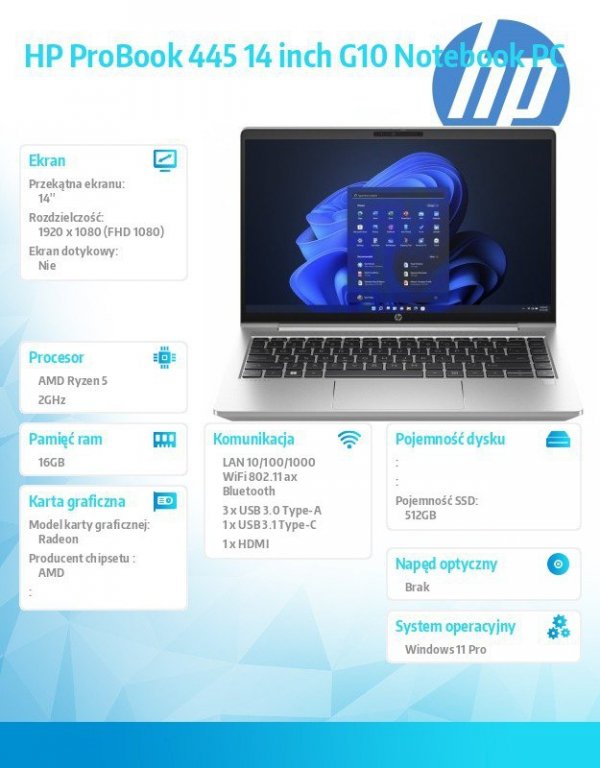 HP Inc. Notebook ProBook 445 G10 R5-7530U 512GB/16GB/W11P/14.0   85D57EA