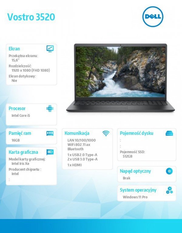 Dell Notebook Vostro 15 (3520) Win11Pro i5-1235U/16GB/512GB SSD/15.6&#039; FHD/Intel Iris Xe/FgrPr/Cam & Mic/WLAN + BT/Backlit K
