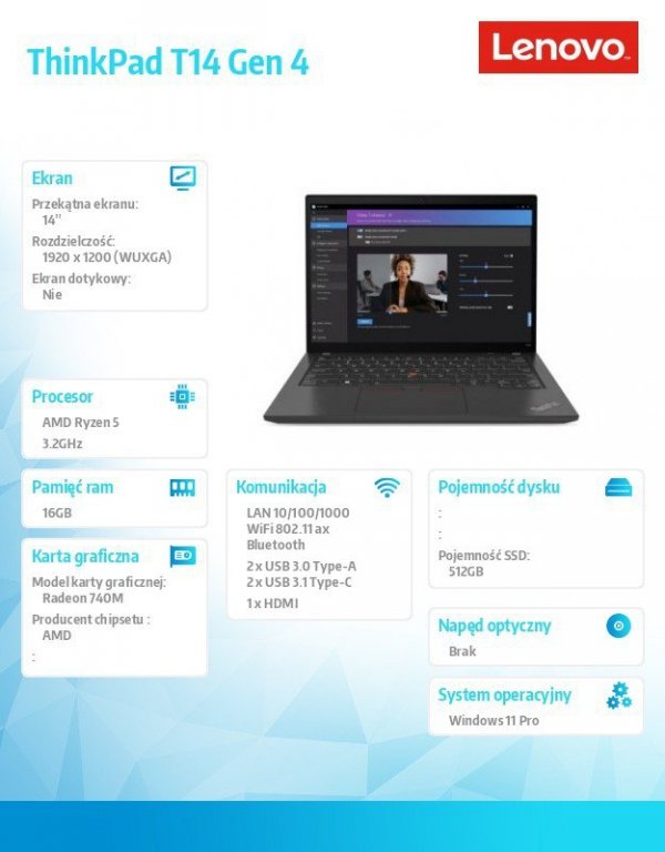 Lenovo Ultrabook ThinkPad T14 G4 21K3001BPB W11Pro 7540U/16GB/512GB/INT/14.0 WUXGA/Thunder Black/3YRS Premier Support + CO2 Offs
