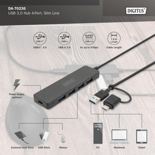 Digitus Hub USB 3.0/Koncentrator 4-portowy SlimLine USB A + adapter USB-C 1,2m 5Gbps, złącze zasilania USB-C