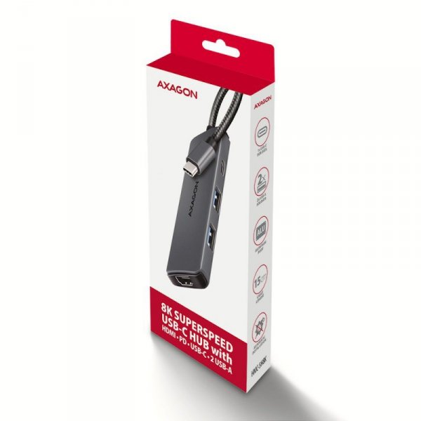 AXAGON HMC-5H8K Wieloportowy hub USB 5in1, 5Gbps, 2x USB-A, 1x USB-C, HDMI 8K/30Hz, PD 100W, 15cm USB-C kabel