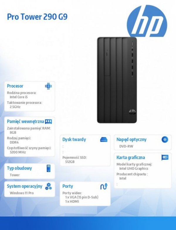 HP Inc. Komputer 290TWR G9 i5-13500 512/8/DVDR/W11P  883U2EA