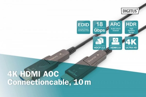 Digitus Kabel hybrydowy AOC HDMI 2.0 Premium High Speed Ethernet 4K60Hz UHD HDMI D/A HDMI D/A M/M z odłączanym wtykiem, 10m, Cza