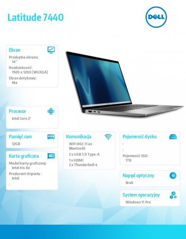 Dell Notebook Latitude 7440 Win11Pro i7-1365U/32GB/1TB SSD/14.0 FHD+/Intel Iris Xe/FgrPr & SmtCd/FHD/IR Cam/Mic/WLAN + BT/Backli