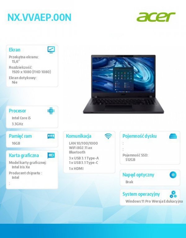 Acer Notebook TravelMate P2 TMP215-54-54RL W11PEDU/i5-1235U/16GB/512SSD/INT/15.6 cali