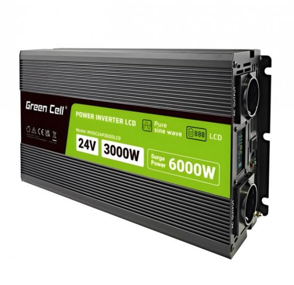 Green Cell Przetwornica LCD 24V 3000W/6000W Czysty sinus z wywietlaczem
